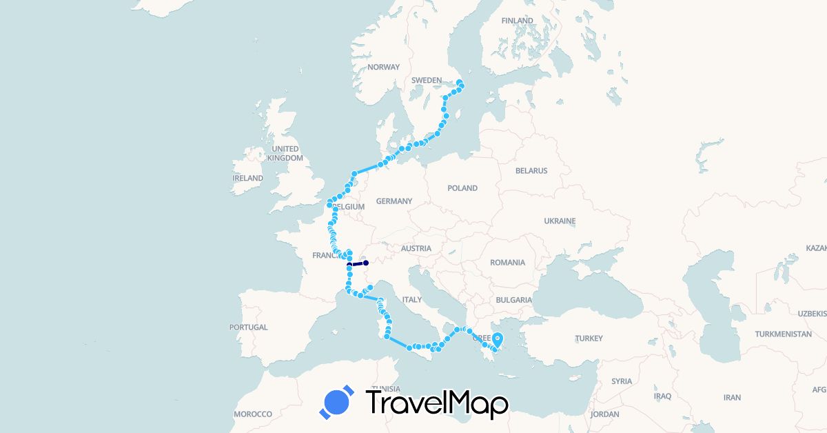 TravelMap itinerary: driving, boat in Belgium, Germany, Denmark, France, Greece, Italy, Monaco, Netherlands, Sweden (Europe)